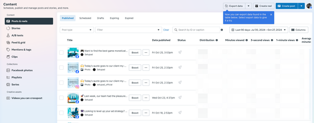Meta Business profile - Posts and Reels